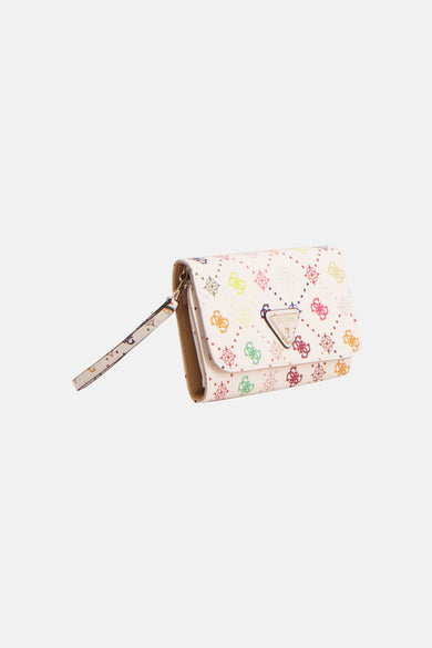 Portefeuille multicolore Guess, avec un imprimé logo coloré et une dragonne.