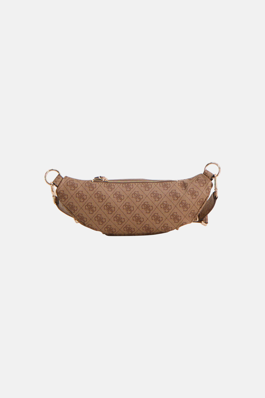 Bruine schoudertas van Guess met patroon, gouden details en een ritssluiting.

