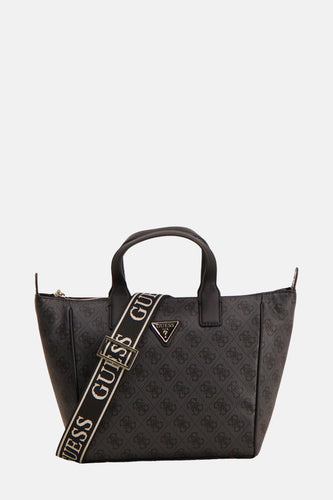 Zwarte Guess handtas met schouderriem en logo.
