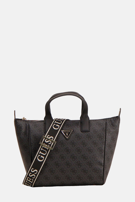 Zwarte Guess handtas met schouderriem en logo.
