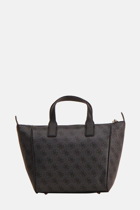 Zwarte Guess handtas met monogramprint en korte handvatten.