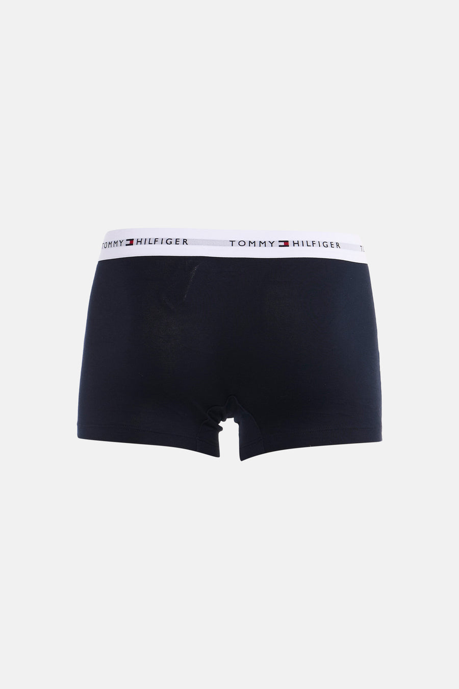 Blauwe boxershort van TOMMY JEANS, met witte elastische tailleband met logo, achteraanzicht.
