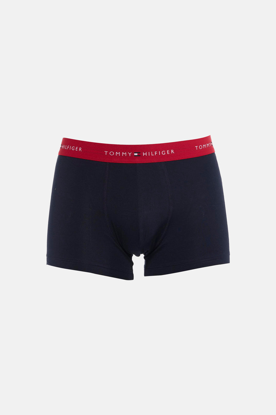 Boxer short bleu foncé de TOMMY JEANS avec une bande rouge ornée du logo de la marque.