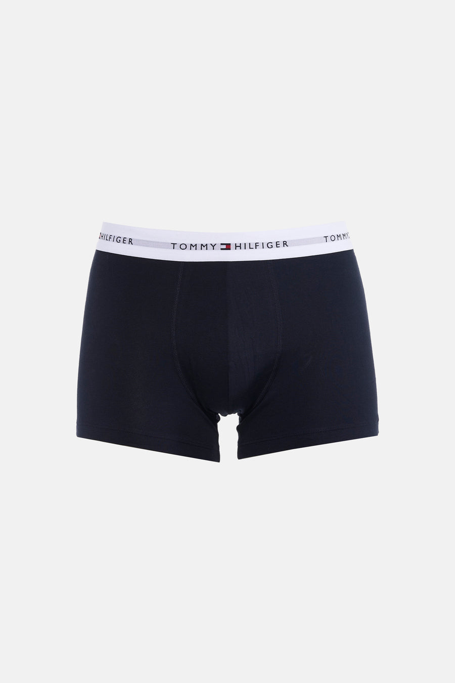 Boxer short bleu marine de TOMMY JEANS avec ceinture élastique blanche et logo de la marque.