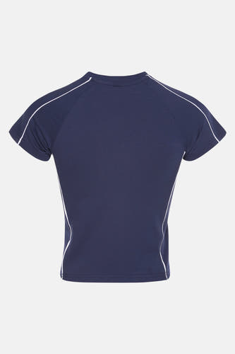 T-shirt bleu à manches courtes de Unwind, avec des accents blancs et des manches courtes, dos visible.