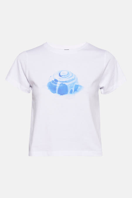T-shirt blanc à manches courtes d'Unwind, avec une impression bleue d'une croissant.