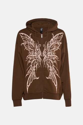 Gilet marron Unwind avec une grande image de papillon rose sur l'avant.