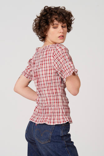 Rode blouse met korte mouwen van Unwind, met een geruite print en elastische details.