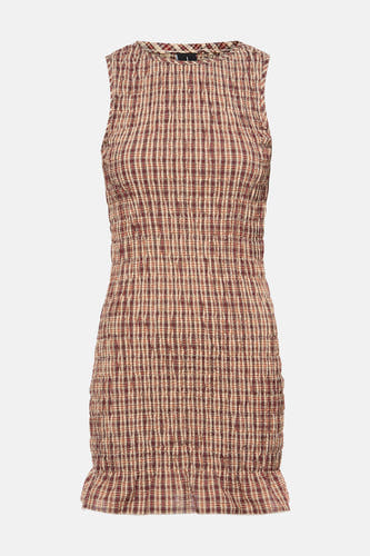 Robe sans manches rouge d'Unwind, avec un motif à carreaux et des détails plissés.