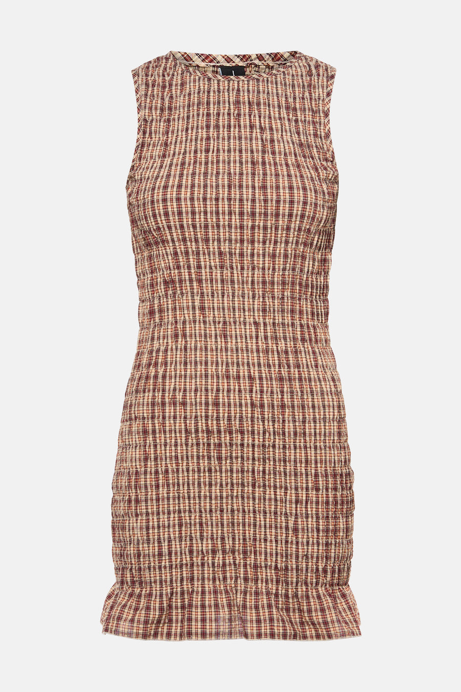 Robe sans manches rouge d'Unwind, avec un motif à carreaux et des détails plissés.