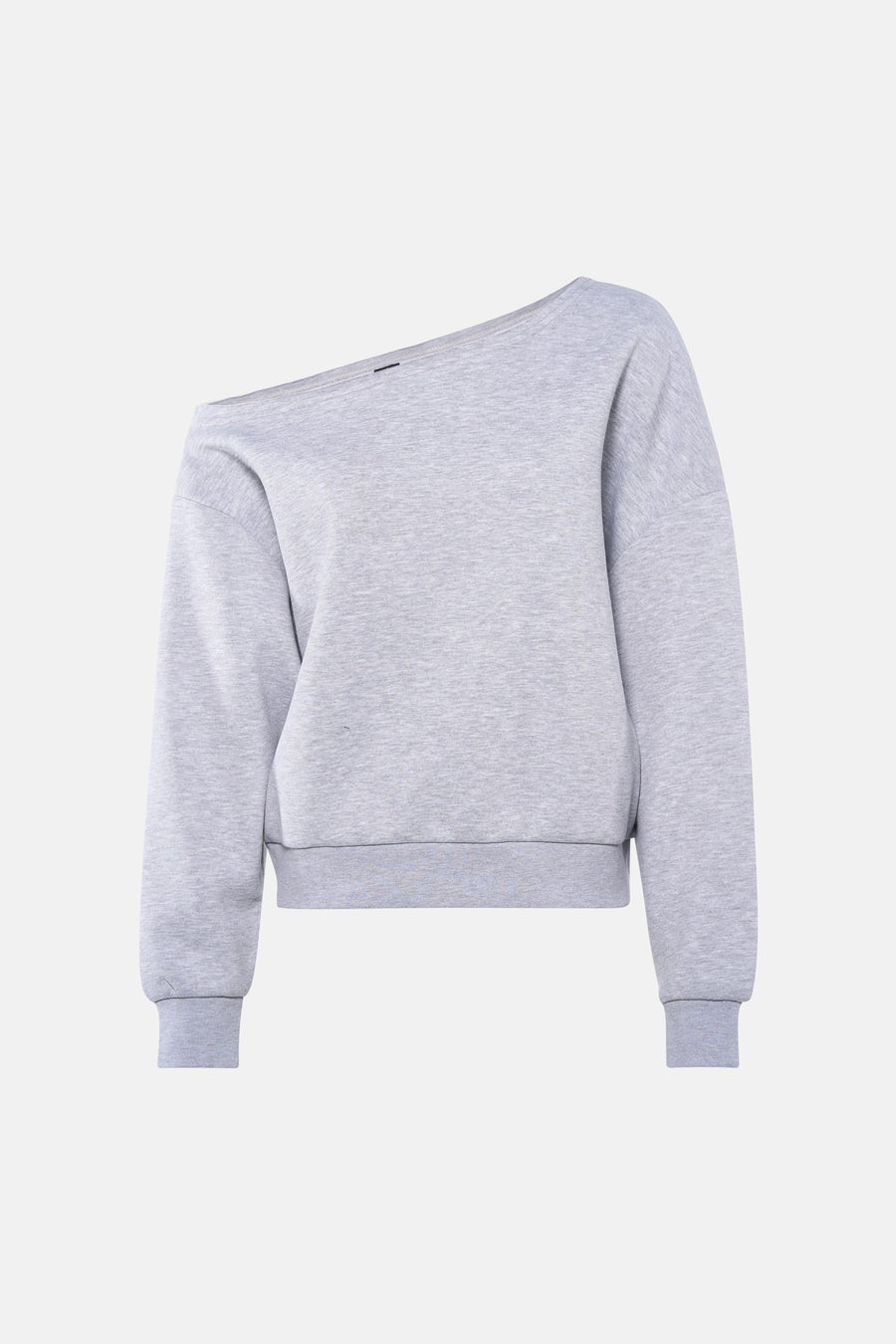 Pull gris Unwind avec une épaule dénudée et des manches longues.