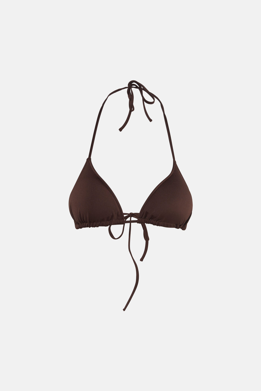 Bruine driehoeksbikinitop van Unwind met verstelbare bandjes en knoopdetail aan de voorkant, front view