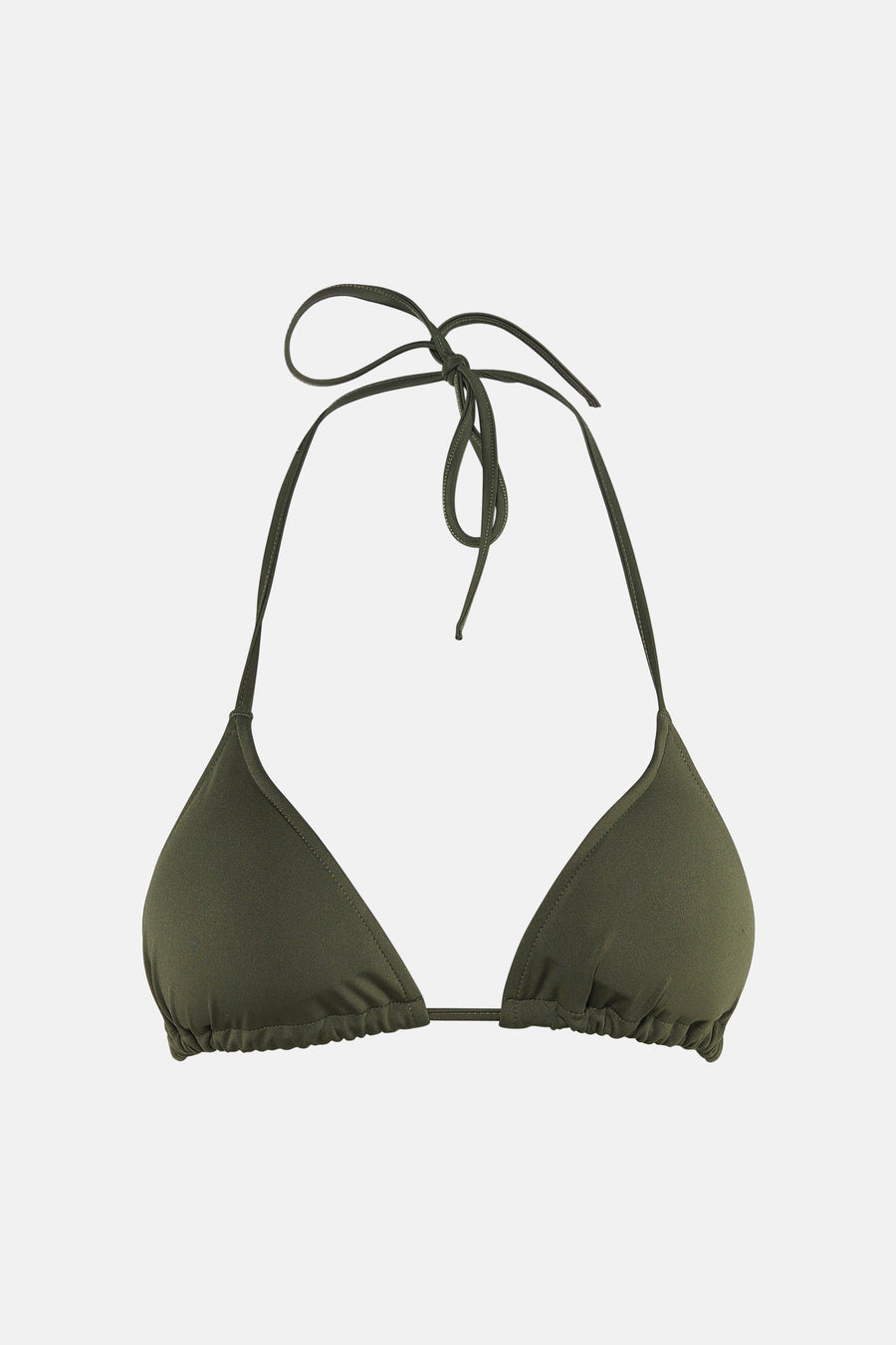 Groene driehoeksbikinitop van Unwind met ruches en achterknoop, front view