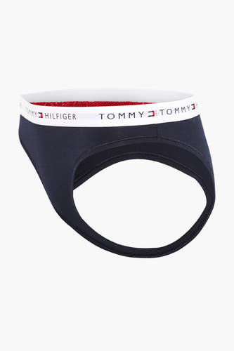 Ceinture bleue de TOMMY JEANS avec bande élastique à logo et bies rouge.