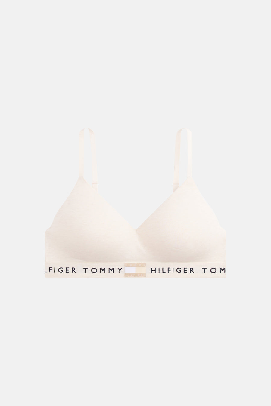 Soutien-gorge beige de TOMMY JEANS avec logo noir sur la bande élastique inférieure et bretelles réglables.