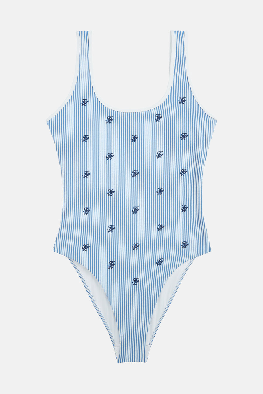 Maillot de bain rayé bleu et blanc de TOMMY JEANS avec un motif de petits logos bleu foncé et des bordures blanches.