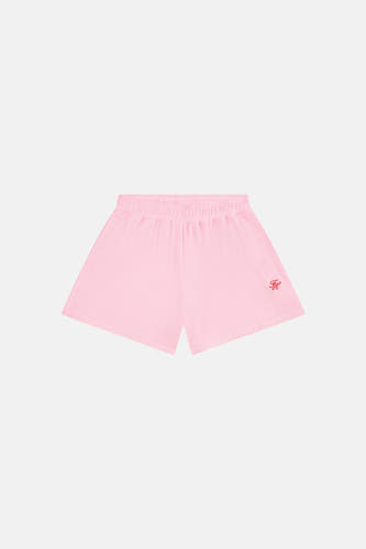 Short rose TOMMY JEANS, en tissu éponge, avec taille élastique et logo brodé rouge.