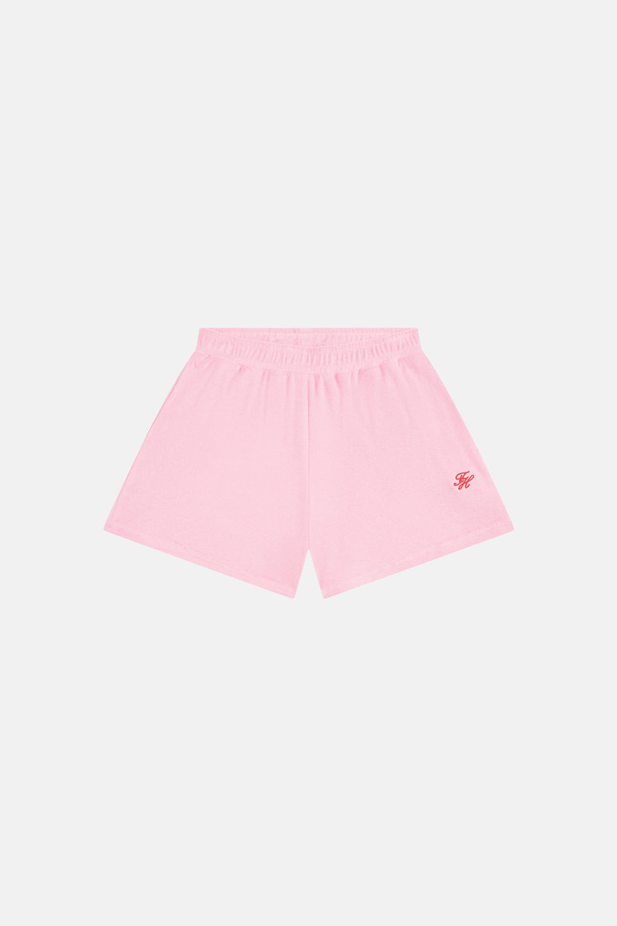 Short rose TOMMY JEANS, en tissu éponge, avec taille élastique et logo brodé rouge.