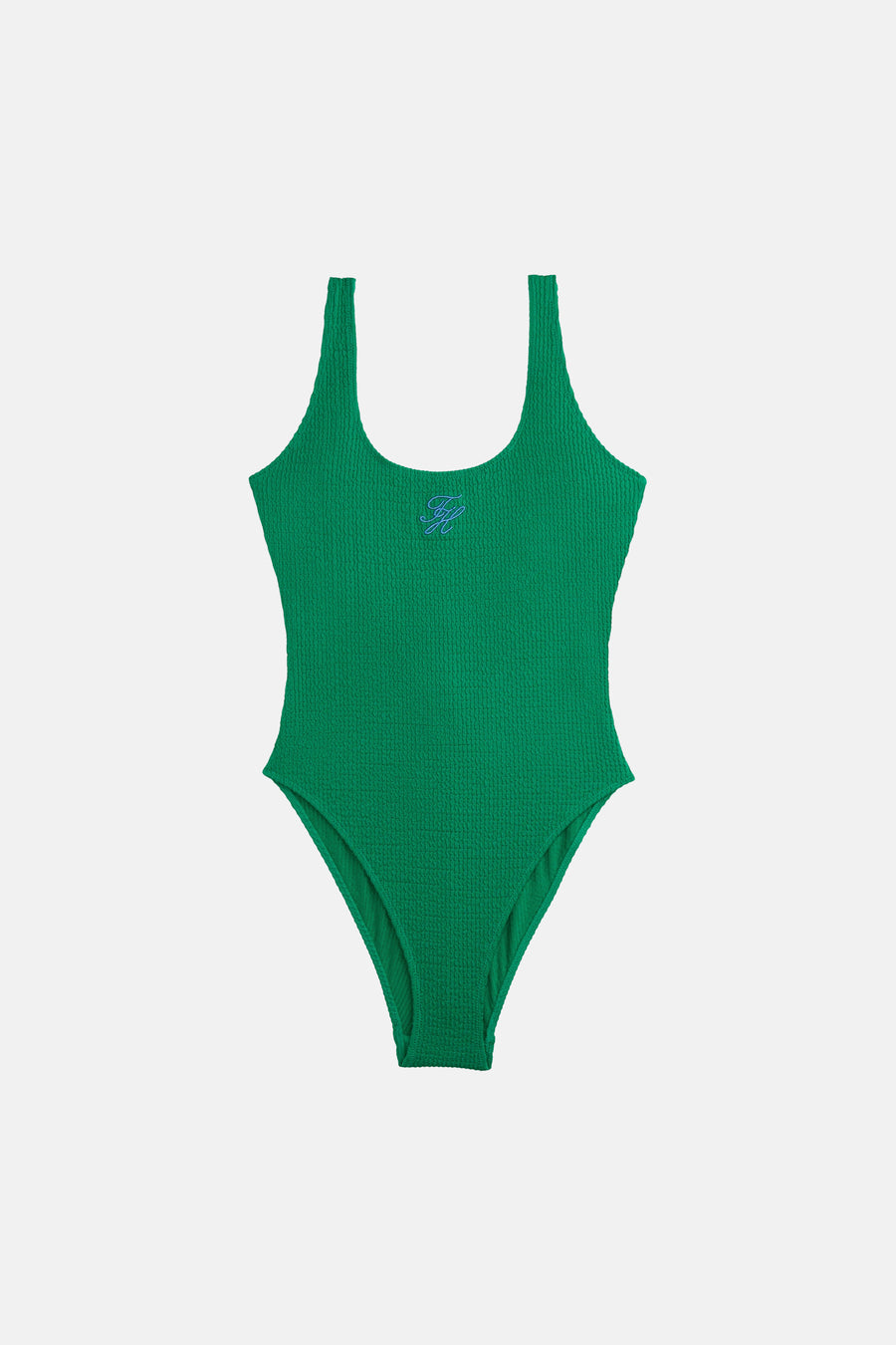 Maillot de bain vert de TOMMY JEANS, avec détails de logo brodés et une surface texturée gaufrée.