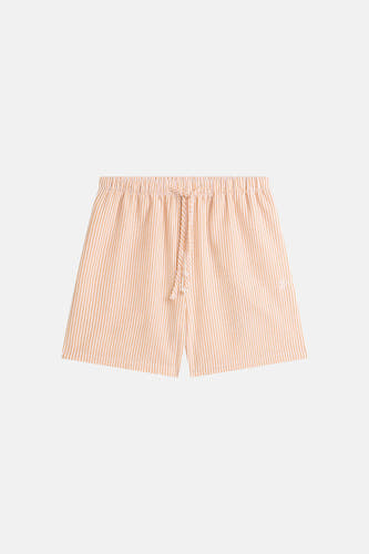 Short en seersucker rayé blanc et orange de TOMMY JEANS avec cordon de serrage, taille élastique et petit logo blanc, représenté allongé.