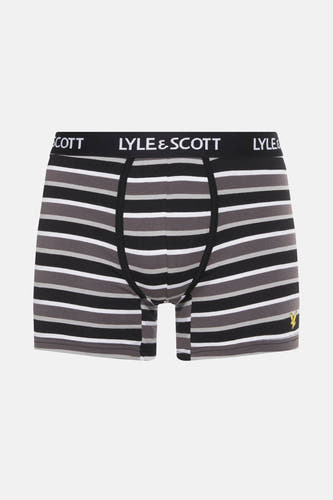 Boxer short rayé de Lyle & Scott, avec une ceinture noire à logo et un petit logo sur la jambe.