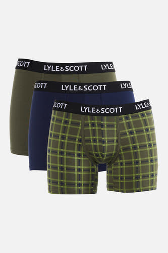 Boxer short vert kaki de LYLE & SCOTT avec ceinture noire et logo de la marque blanc, dos.