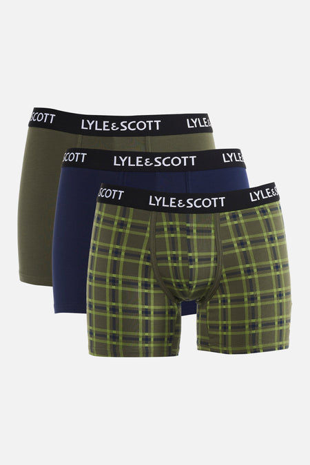Boxer short vert kaki de LYLE & SCOTT avec ceinture noire et logo de la marque blanc, dos.
