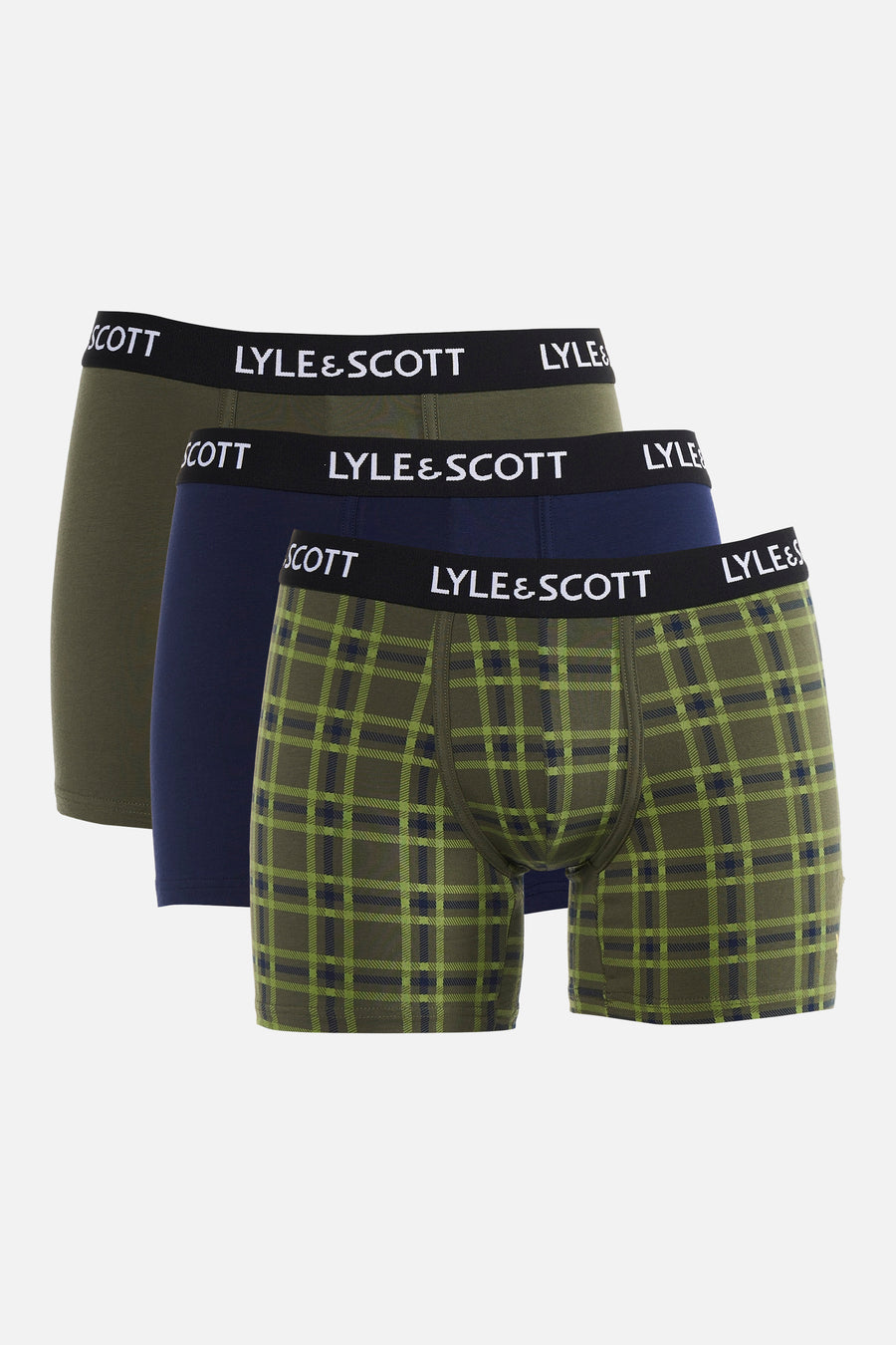 Boxer short vert kaki de LYLE & SCOTT avec ceinture noire et logo de la marque blanc, dos.