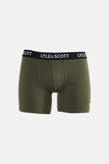Boxer short vert foncé de LYLE & SCOTT avec ceinture noire et logo blanc 'LYLE & SCOTT', ainsi qu'un petit logo aigle jaune sur la jambe droite.