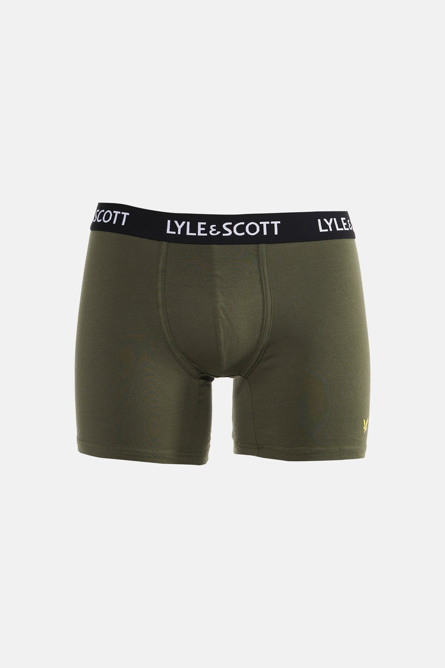 Boxer short vert foncé de LYLE & SCOTT avec ceinture noire et logo blanc 'LYLE & SCOTT', ainsi qu'un petit logo aigle jaune sur la jambe droite.