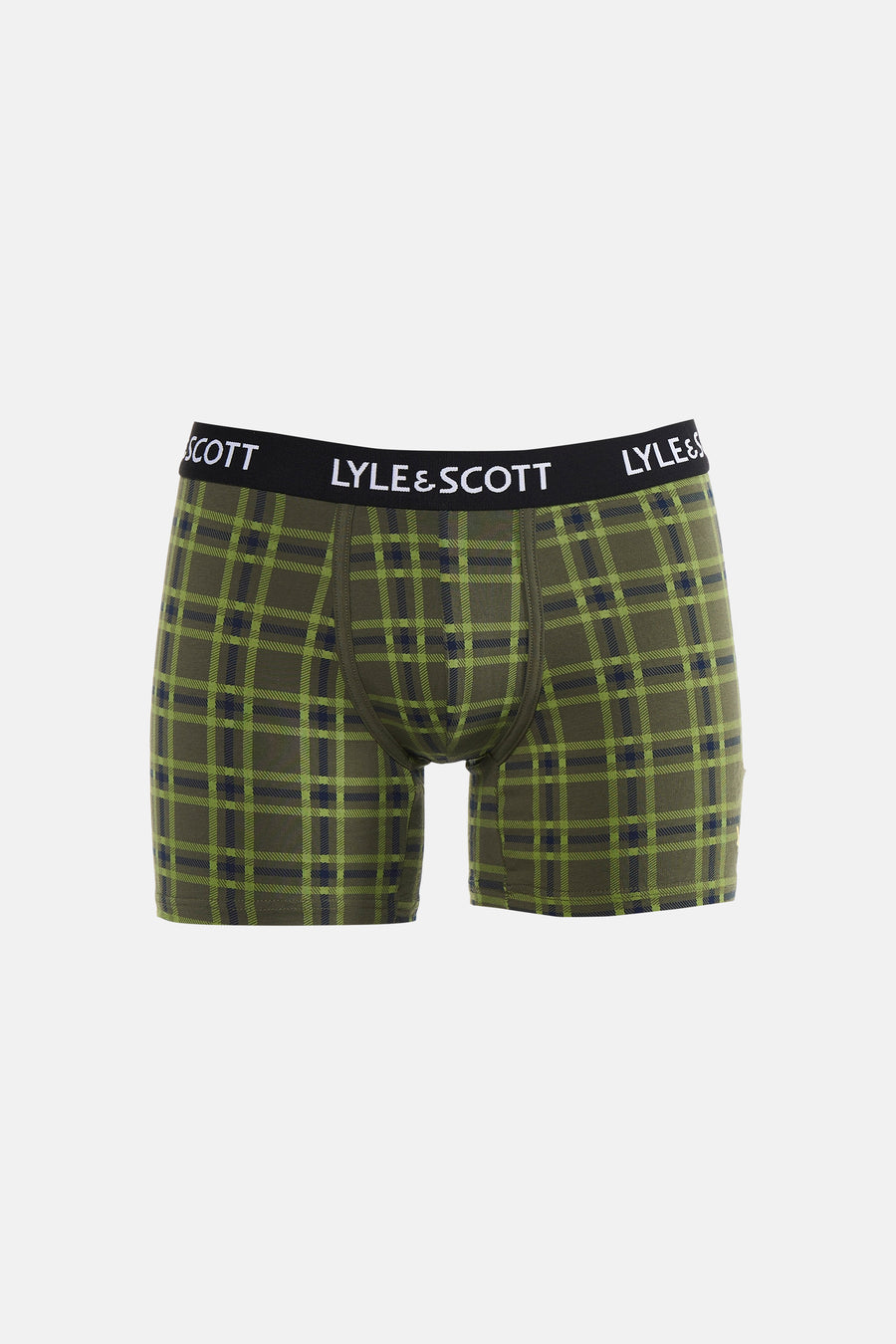 Boxer à carreaux kaki de LYLE & SCOTT, avec des rayures bleues et vert clair et une ceinture noire avec logo.