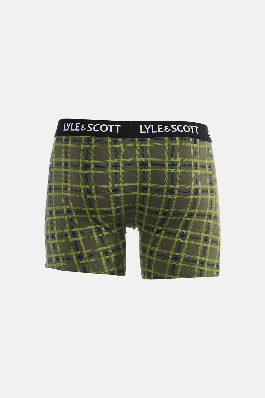 Boxer short vert de LYLE & SCOTT à motif à carreaux, doté d'une ceinture noire avec logo blanc.