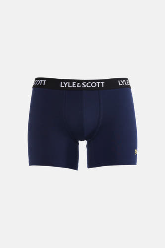 Boxer short bleu foncé de LYLE & SCOTT avec ceinture noire et logo blanc, et un petit logo aigle jaune sur la cuisse droite.