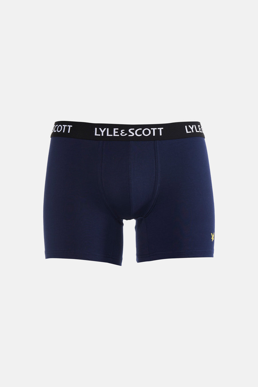 Boxer short bleu foncé de LYLE & SCOTT avec ceinture noire et logo blanc, et un petit logo aigle jaune sur la cuisse droite.