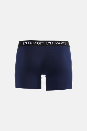 Boxer short bleu marine de LYLE & SCOTT avec ceinture noire et nom de marque blanc.