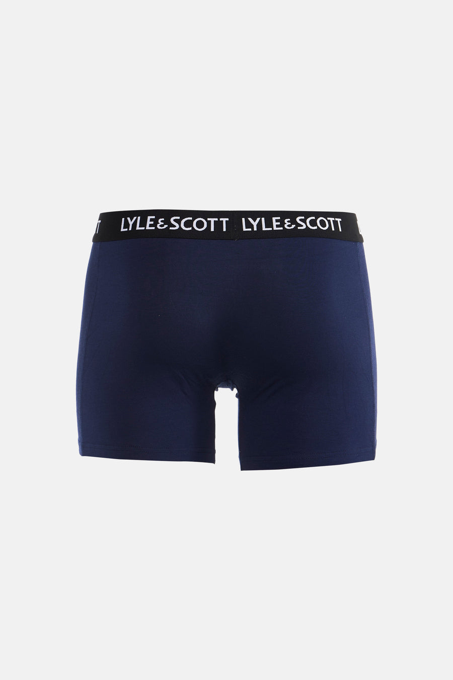 Boxer short bleu marine de LYLE & SCOTT avec ceinture noire et nom de marque blanc.