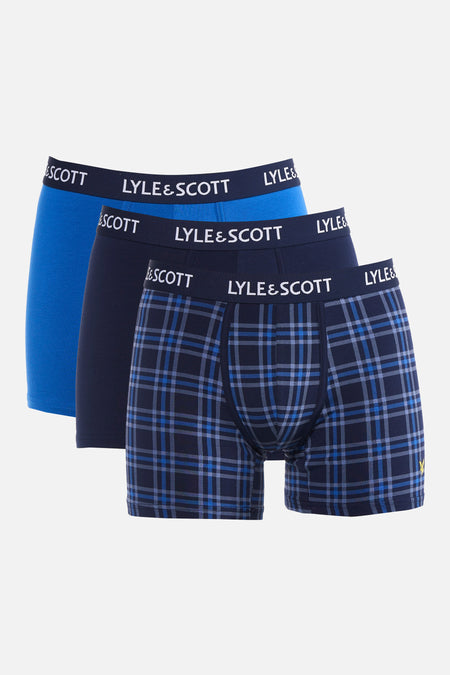 Boxer short bleu de LYLE & SCOTT, avec une ceinture bleu foncé sur laquelle est inscrit 'LYLE & SCOTT' en blanc, vu de dos.