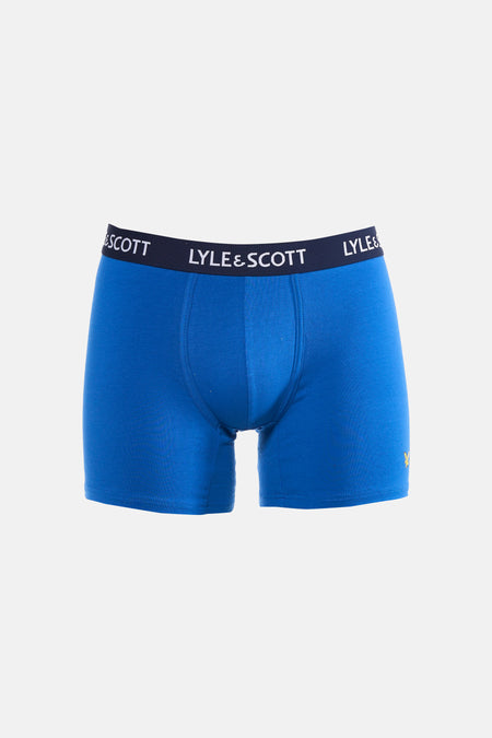 Boxer short bleu de LYLE & SCOTT avec ceinture bleu foncé avec logo blanc et un petit logo aigle jaune.