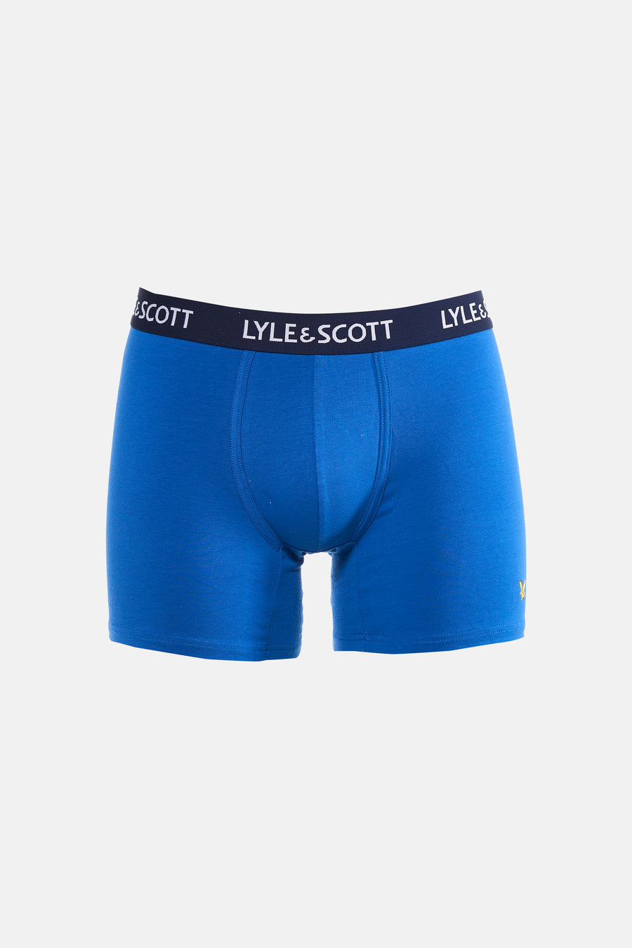 Boxer short bleu de LYLE & SCOTT avec ceinture bleu foncé avec logo blanc et un petit logo aigle jaune.