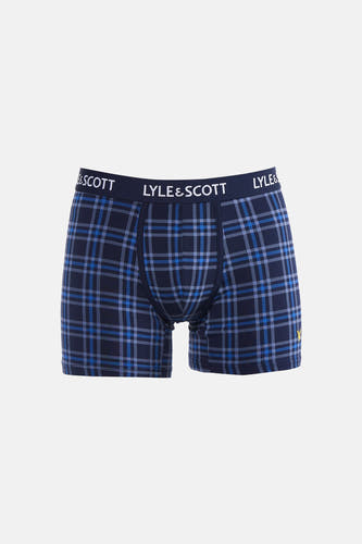 Boxer short bleu Lyle & Scott à motif à carreaux, ceinture à logo et logo aigle jaune.