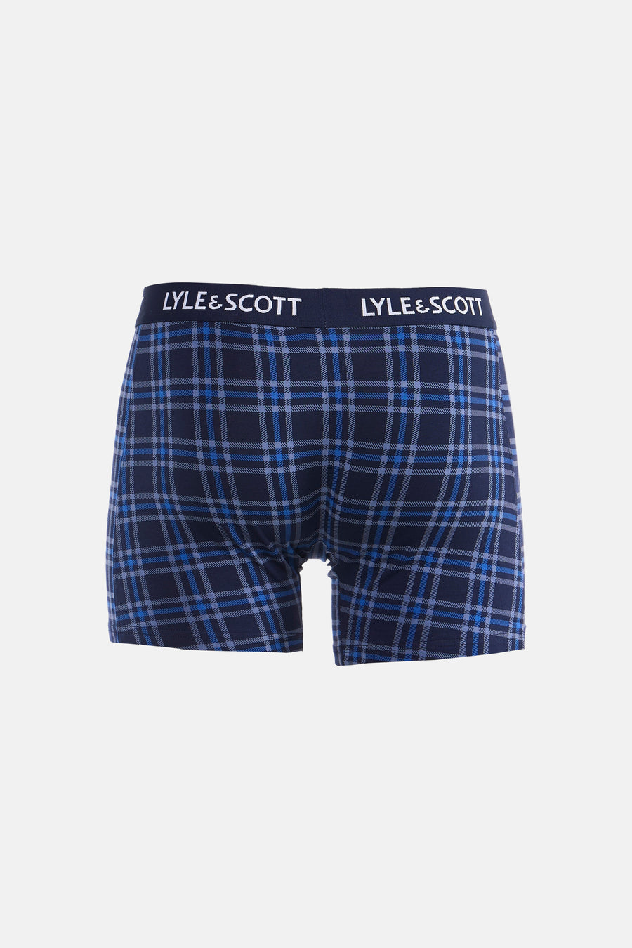 Boxer short bleu de LYLE & SCOTT à motif à carreaux et nom de la marque sur la ceinture, vue de dos.