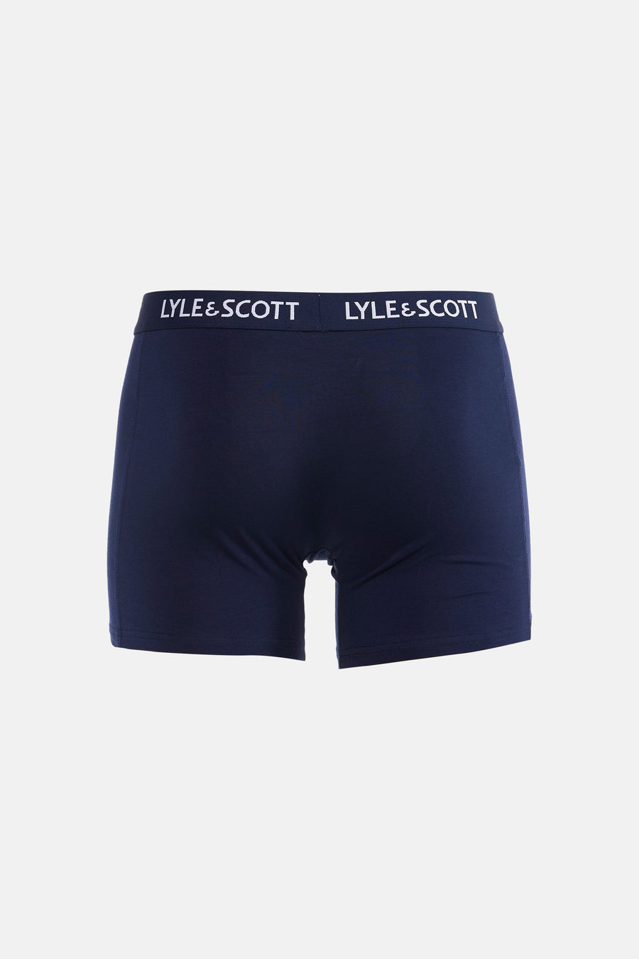 Boxer short bleu marine de LYLE & SCOTT avec logo blanc sur la ceinture, visible à l'arrière.