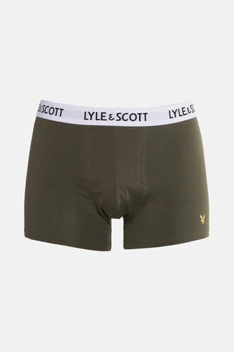 Shorts de boxeurs verts Lyle & Scott, avec une bande é taille blanche imprimée d'un logo et un petit logo doré.