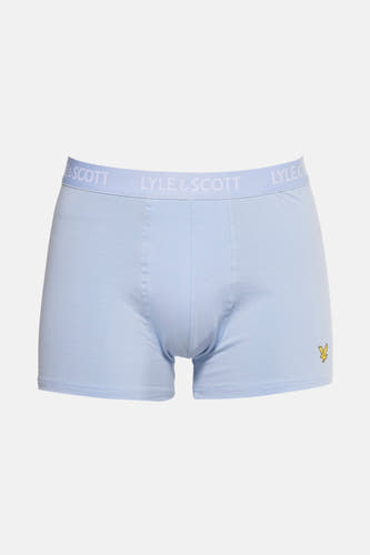Shorty de boxers bleu Lyle & Scott, avec le nom de marque sur la ceinture élastique et détail logo logo.