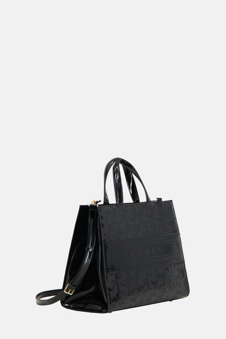 Sac à main noir de Gaudi Jeans avec imprimé logo et bandoulière ajustable, vu d'un côté.