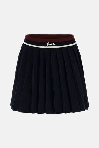 Jupe courte bleue de Guess avec une ceinture élastique portant le logo de la marque.