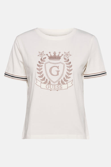 T-shirt écru à manches courtes de Guess, avec des détails rayés sur les manches.