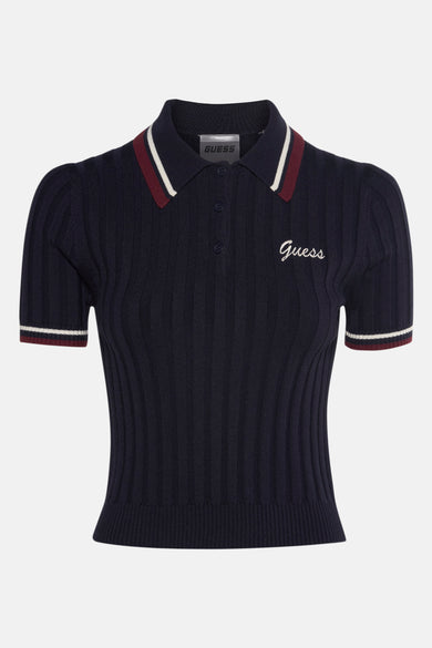 Polo bleu à manches courtes de Guess, avec structure en côtes et détails rayés au col et aux manches.