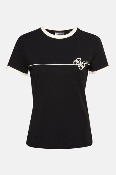 T-shirt noir à manches courtes de Guess, avec des rayures blanches le long de la ligne du col et des manches, et un logo.