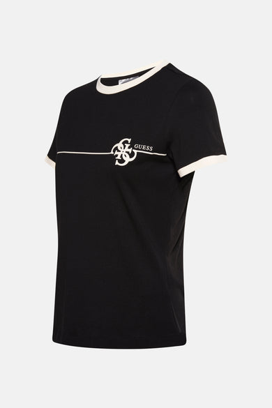 T-shirt noir à manches courtes de Guess, avec un accent blanc sur la en et une impression graphique.